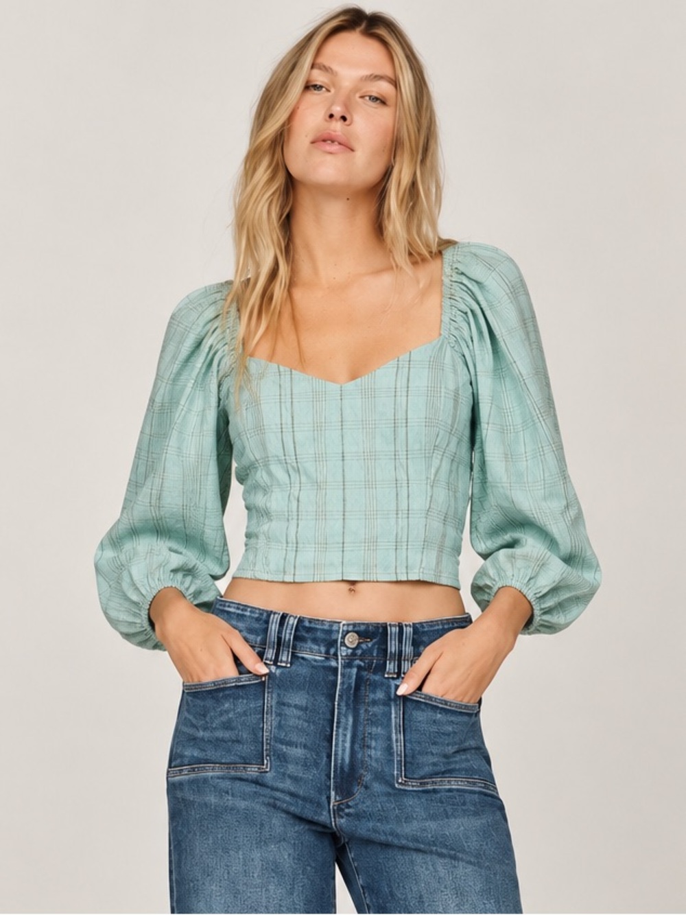 NWT Buru Sweetheart Neck 3/4 Balloon Sleeve Textured Stripe Bustier Cropped Top